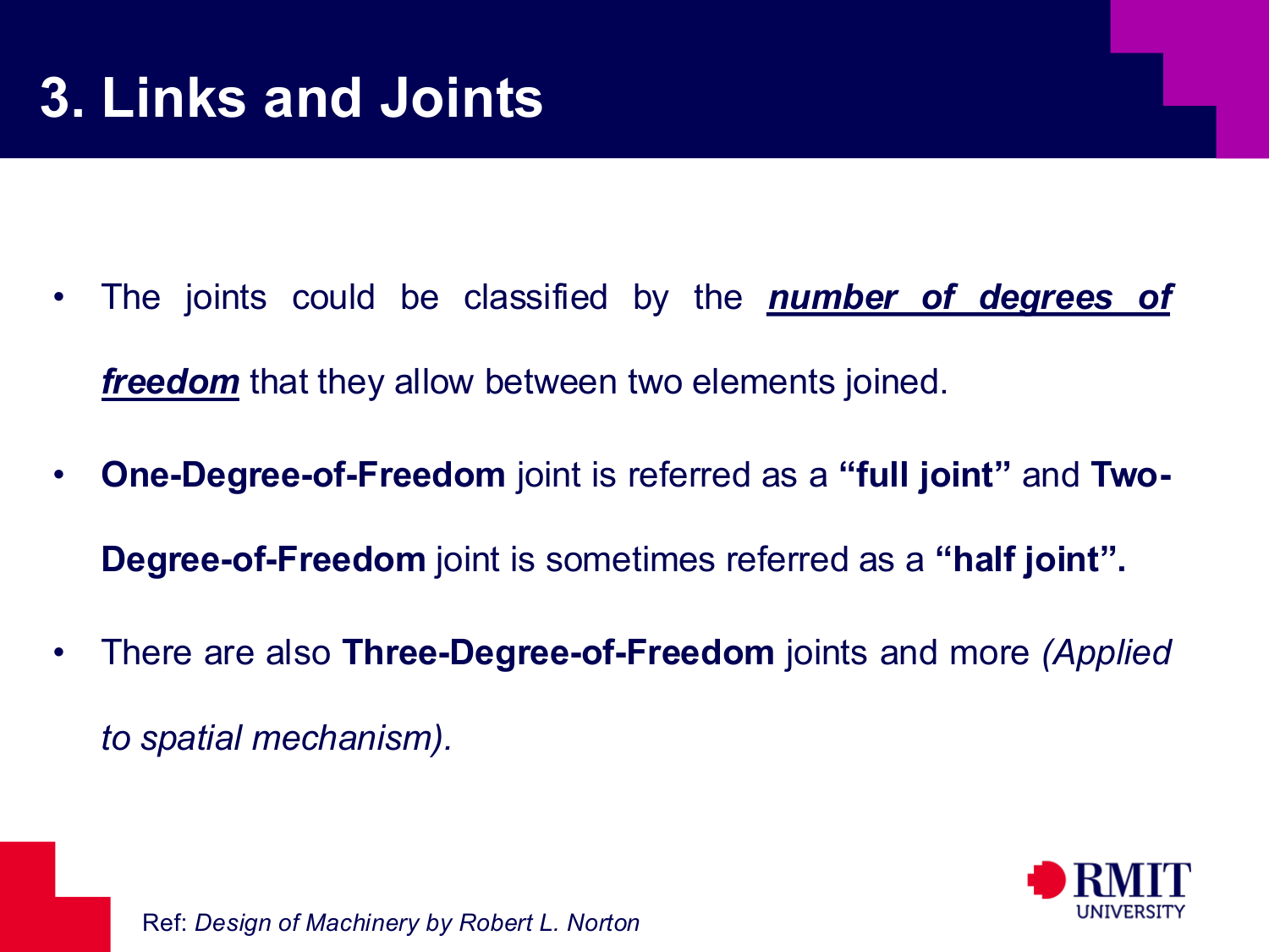 Joint classification by degree of freedom slide