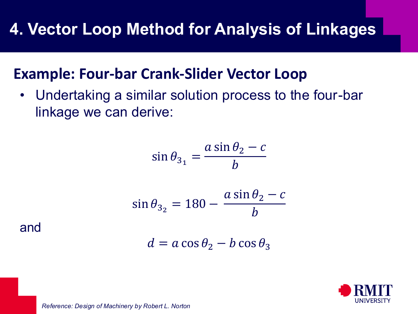 Four-bar crank-slider vector-loop solution equations slide