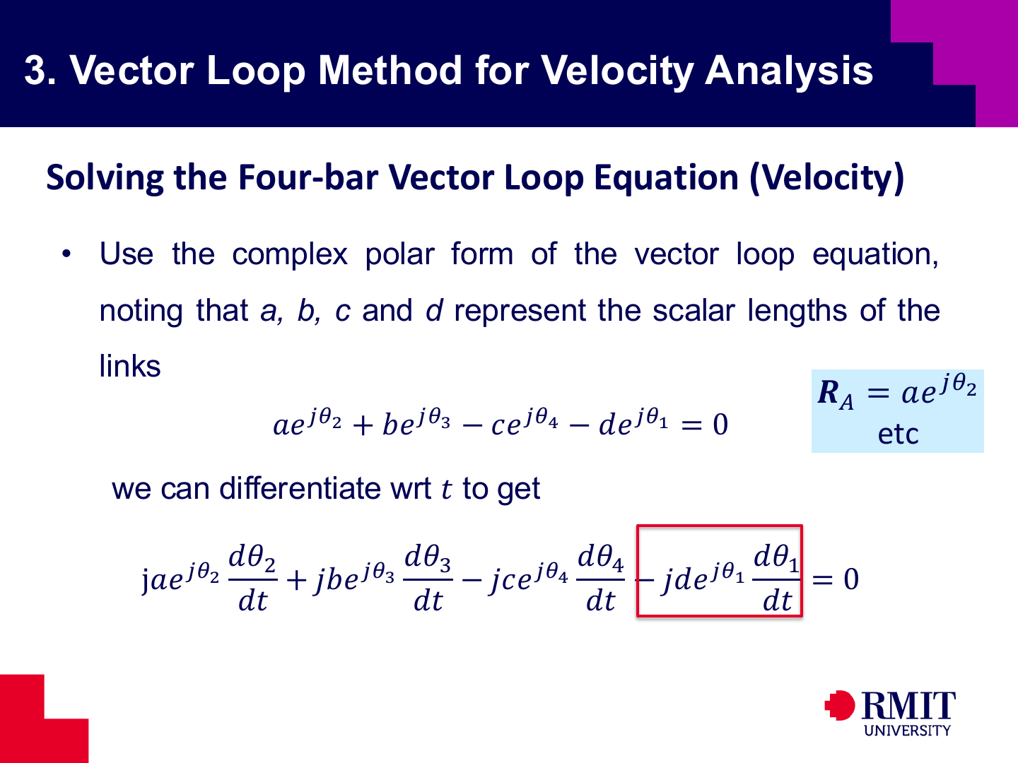 Differentiating the vector loop equation slide