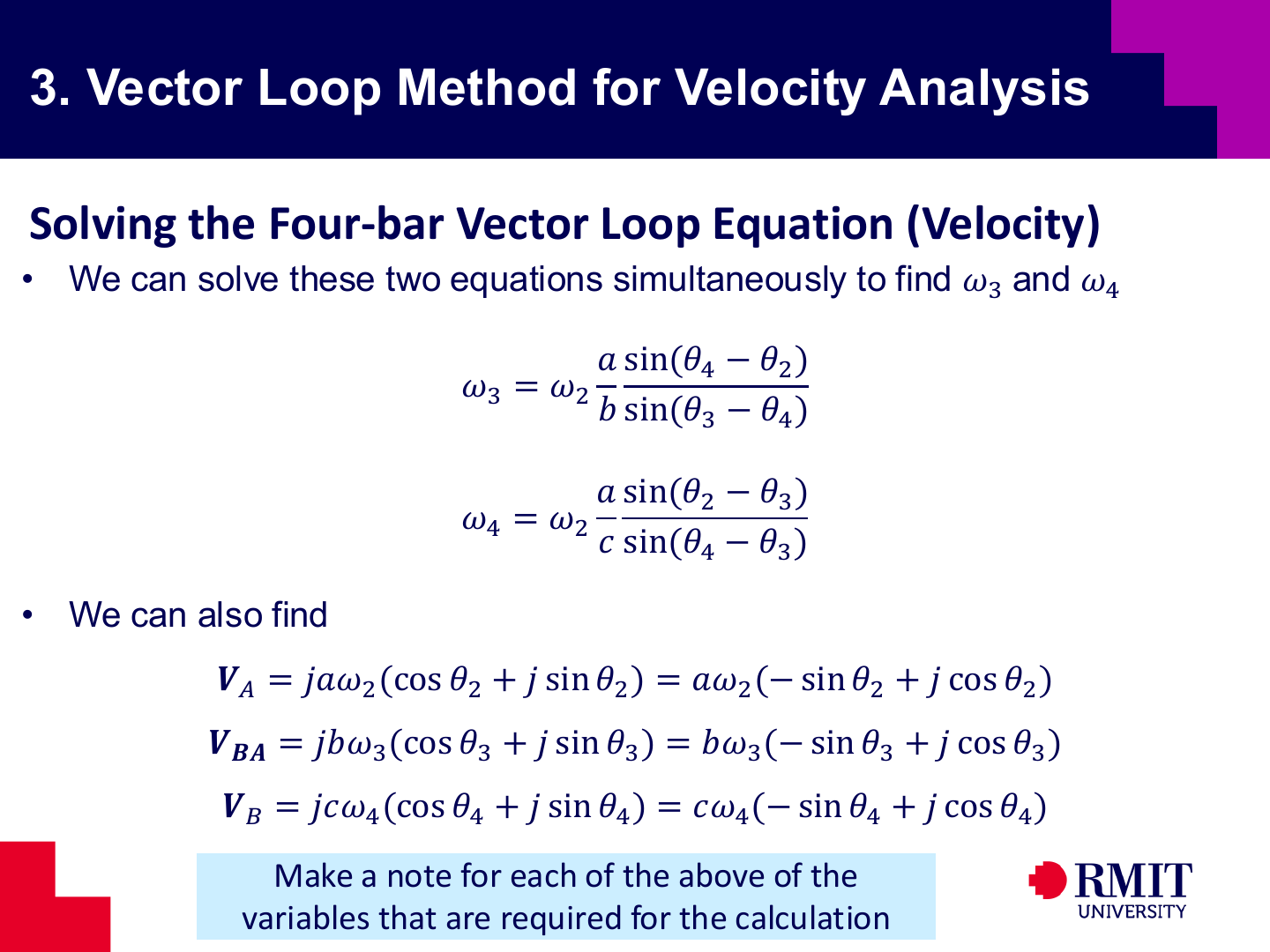 Solved velocity equations for four-bar linkage slide