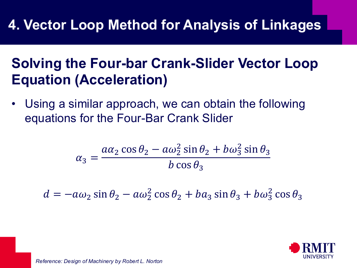 Four-bar crank-slider acceleration relations slide