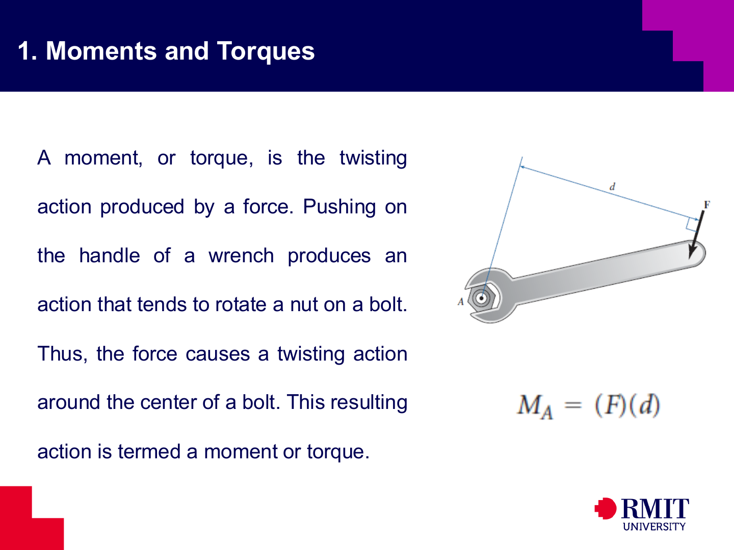 Moment and torque produced by a wrench
