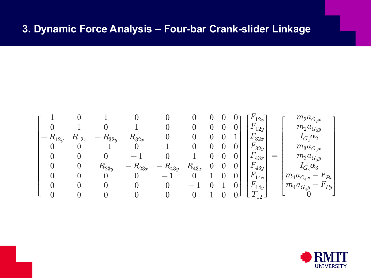 Assembled matrix system for four-bar crank-slider dynamic force analysis