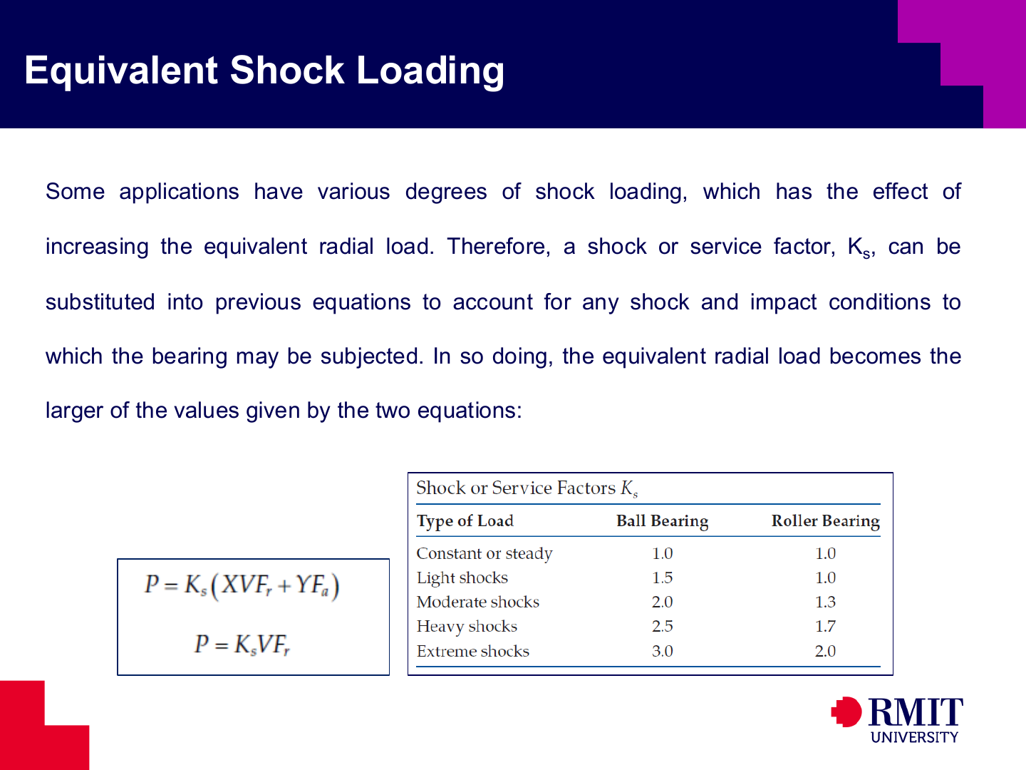Shock and service factors for equivalent bearing load