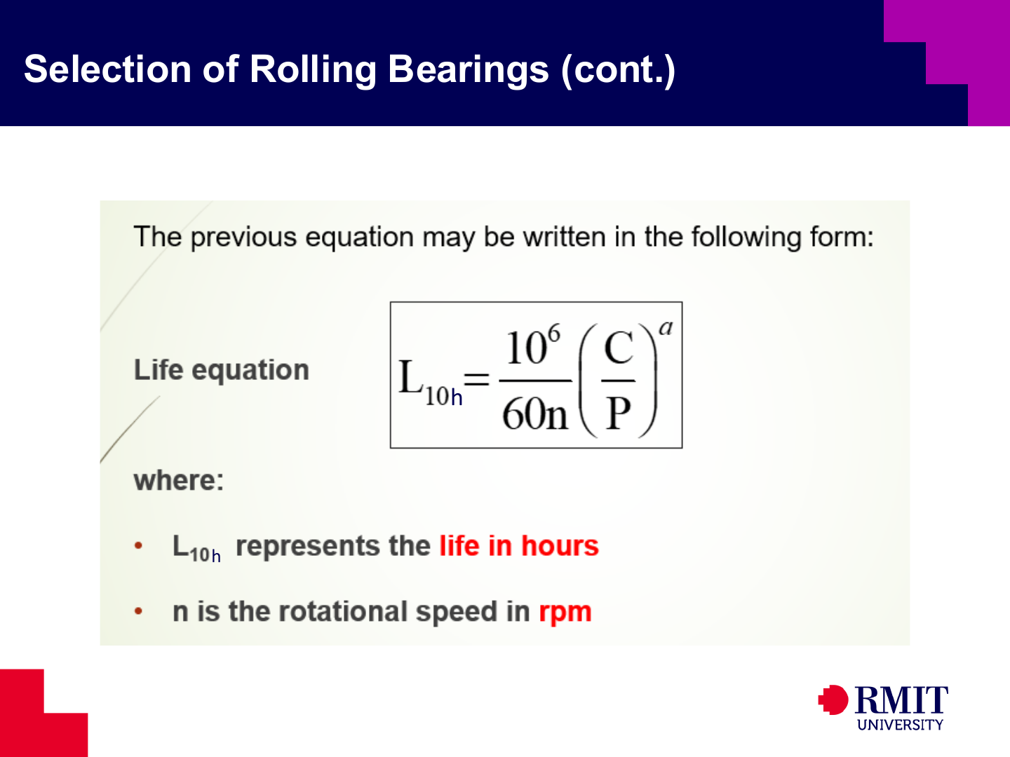 Rolling-bearing life equation in operating hours
