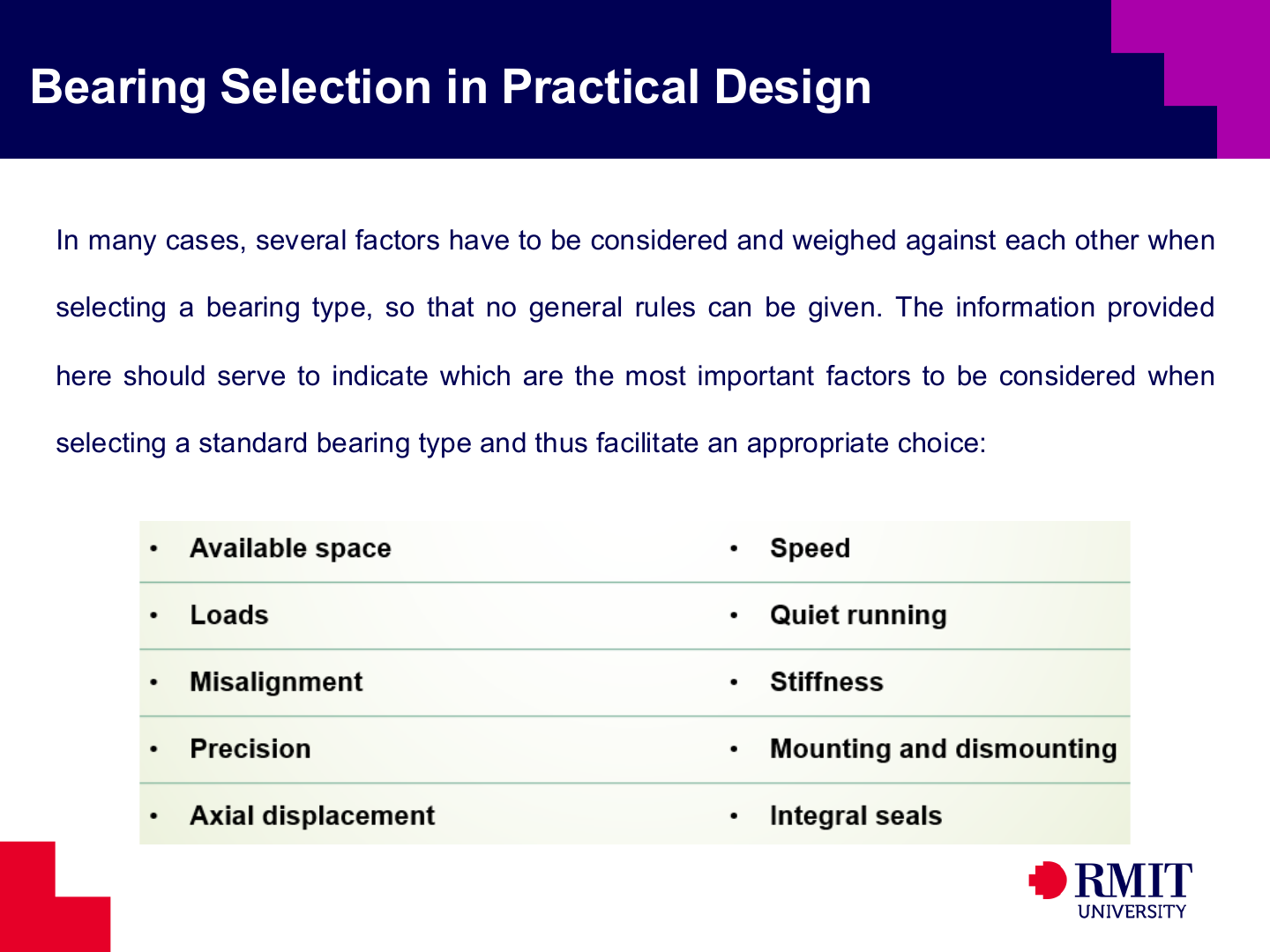 Factors in practical bearing selection