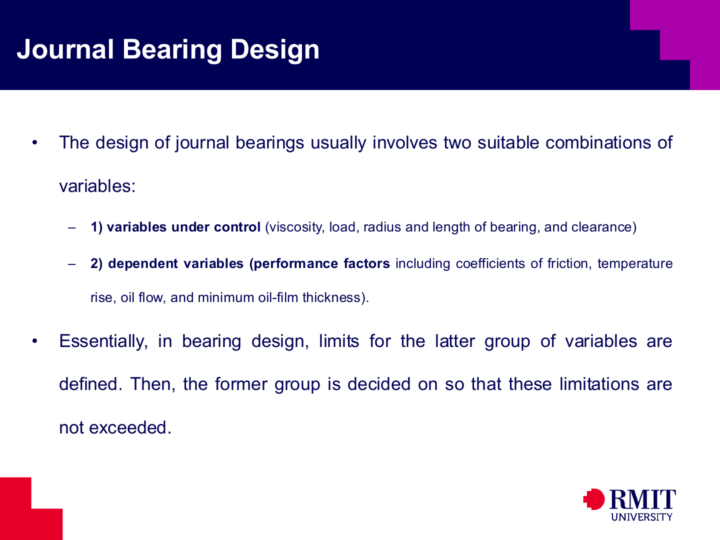 Controlled and dependent variables in journal-bearing design