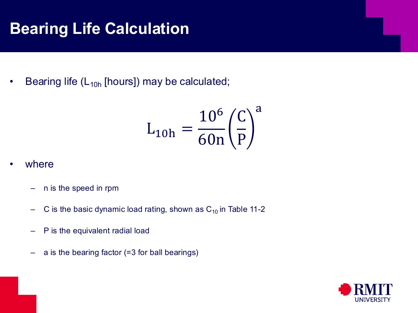 Bearing rating-life equation and variables